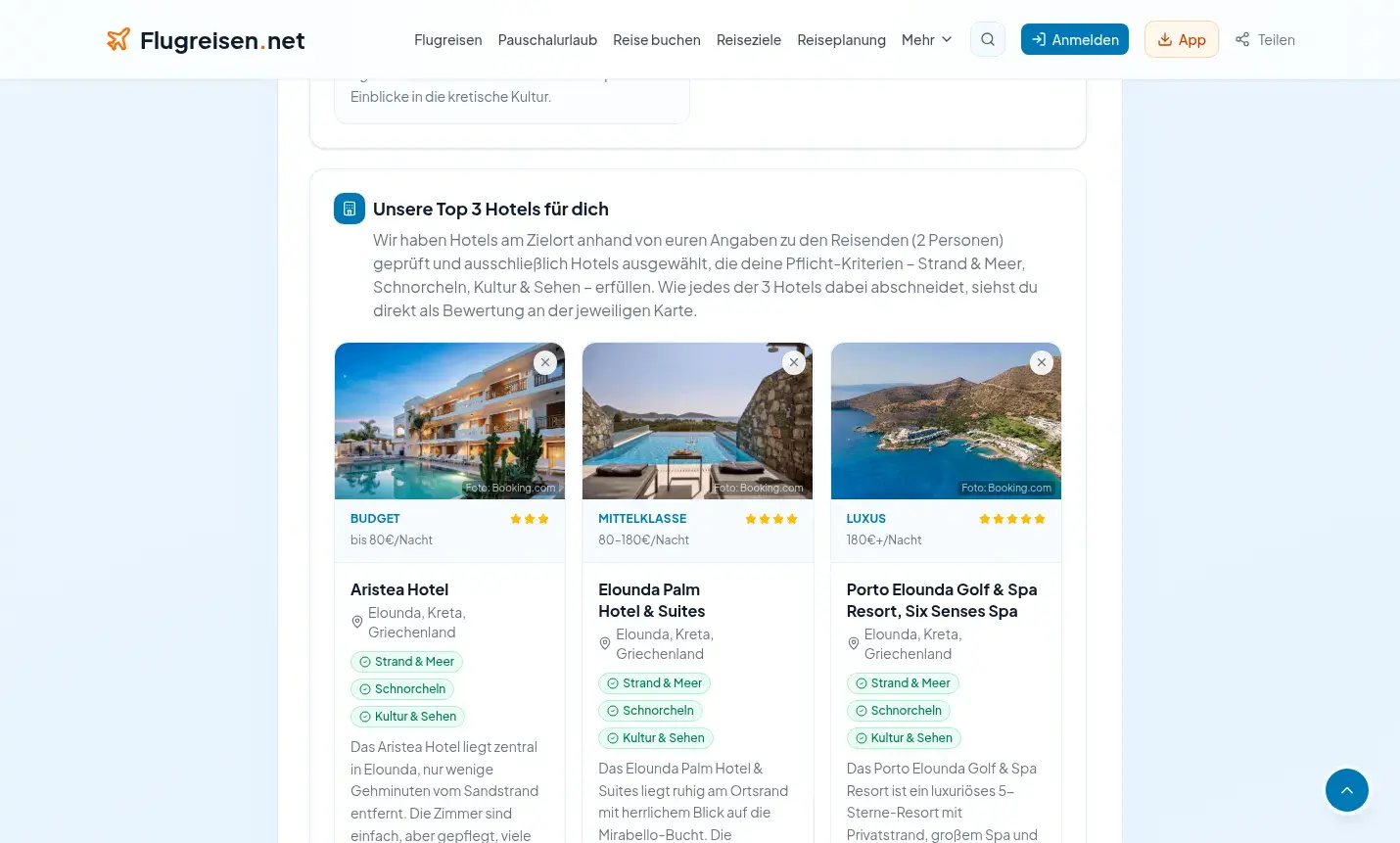 Drei Hotelvorschläge für Budget, Mittelklasse und Luxus mit Kriterien-Badges und echten Fotos