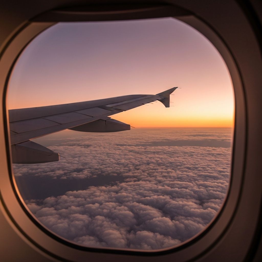 Günstige Flugreisen buchen - Blick aus dem Flugzeugfenster bei Sonnenuntergang über den Wolken