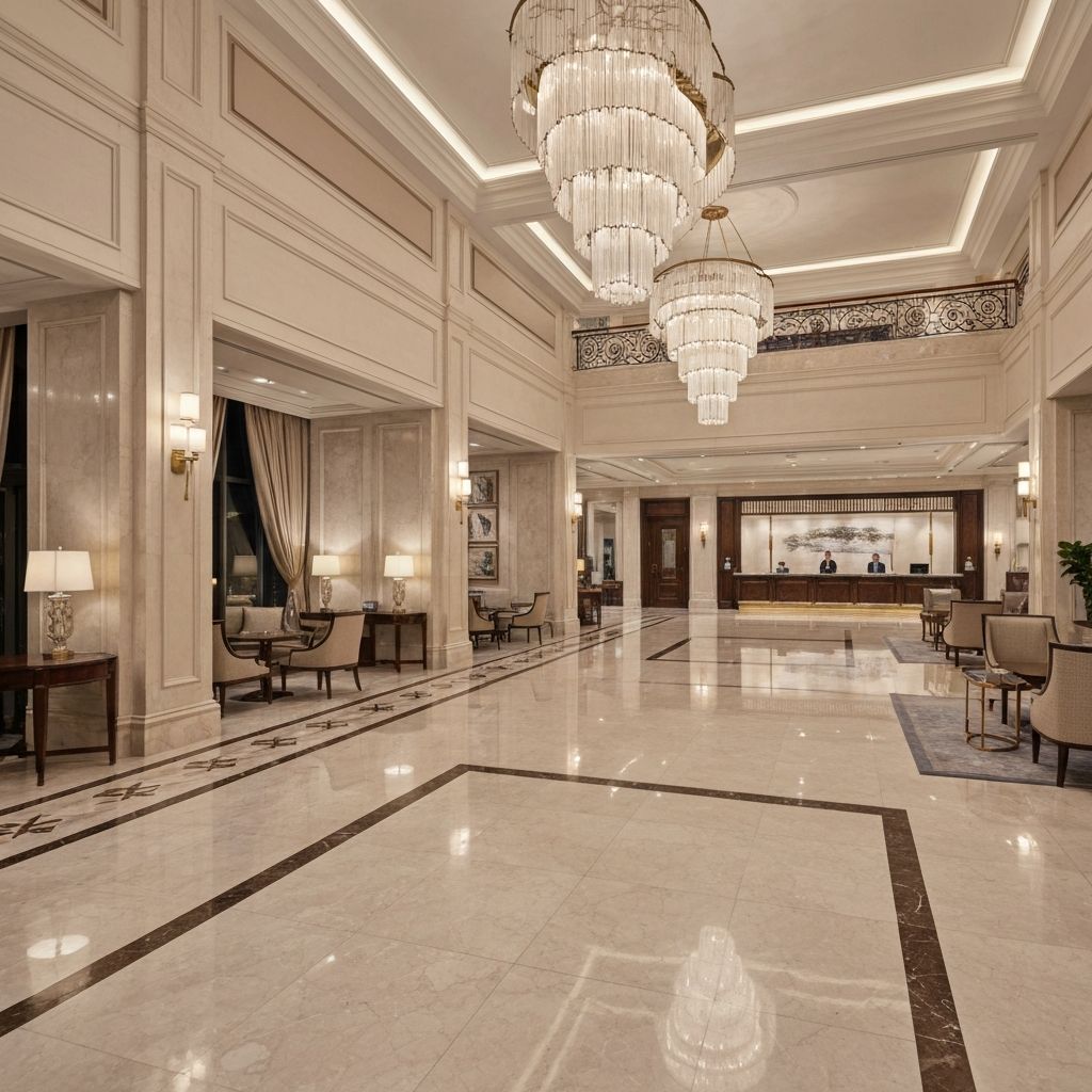 Hotels vergleichen und günstig buchen - Elegante Hotellobby mit warmem Ambiente auf Flugreisen.net