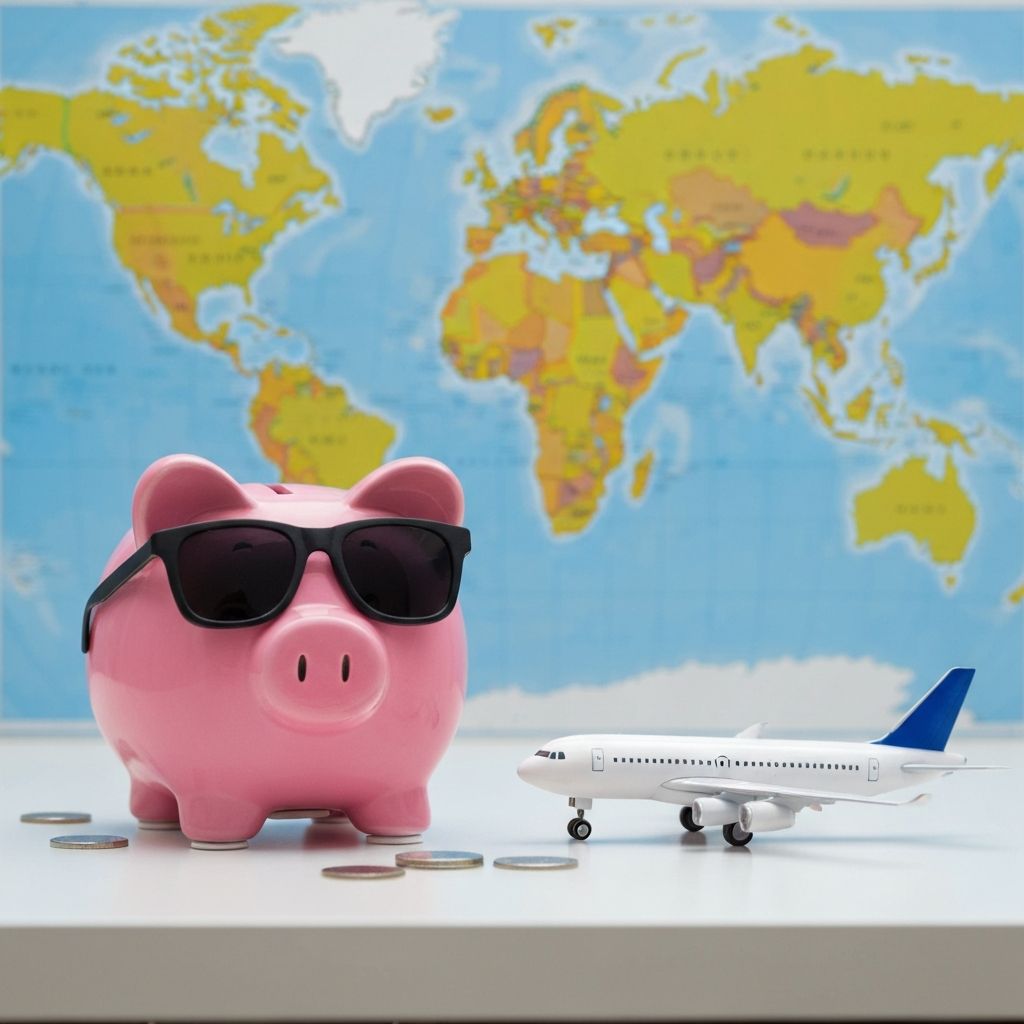Sparschwein mit Sonnenbrille und Flugzeug