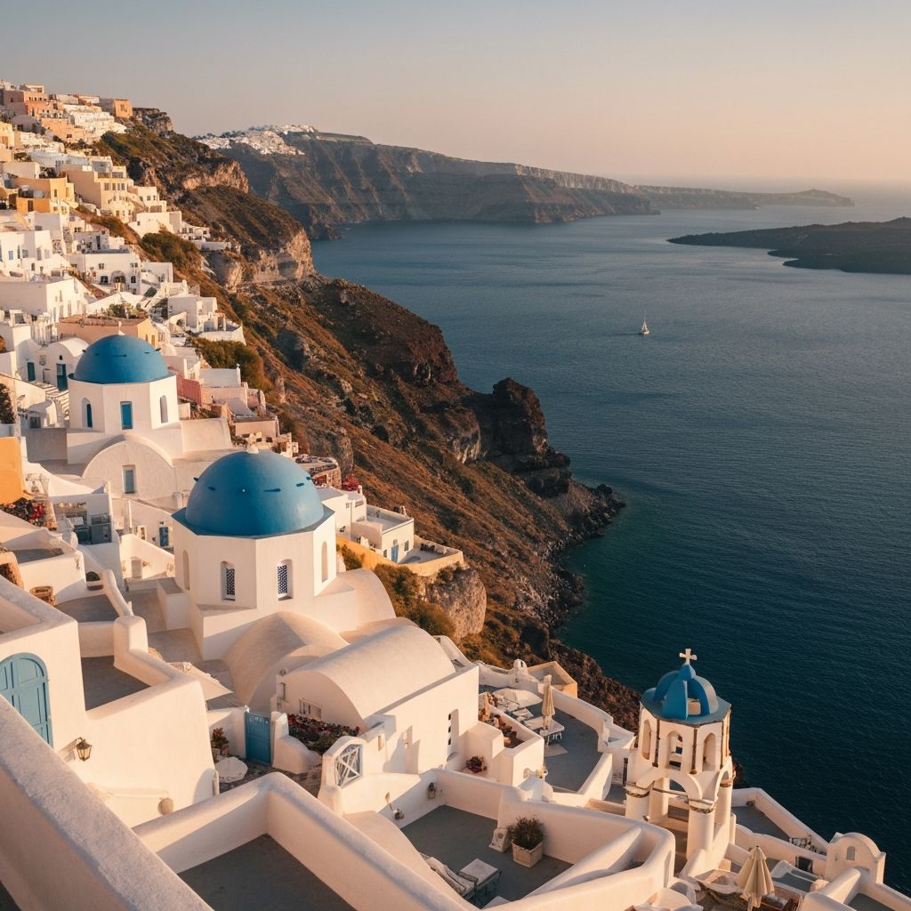 Griechenland Urlaub - Santorini Caldera bei Sonnenuntergang