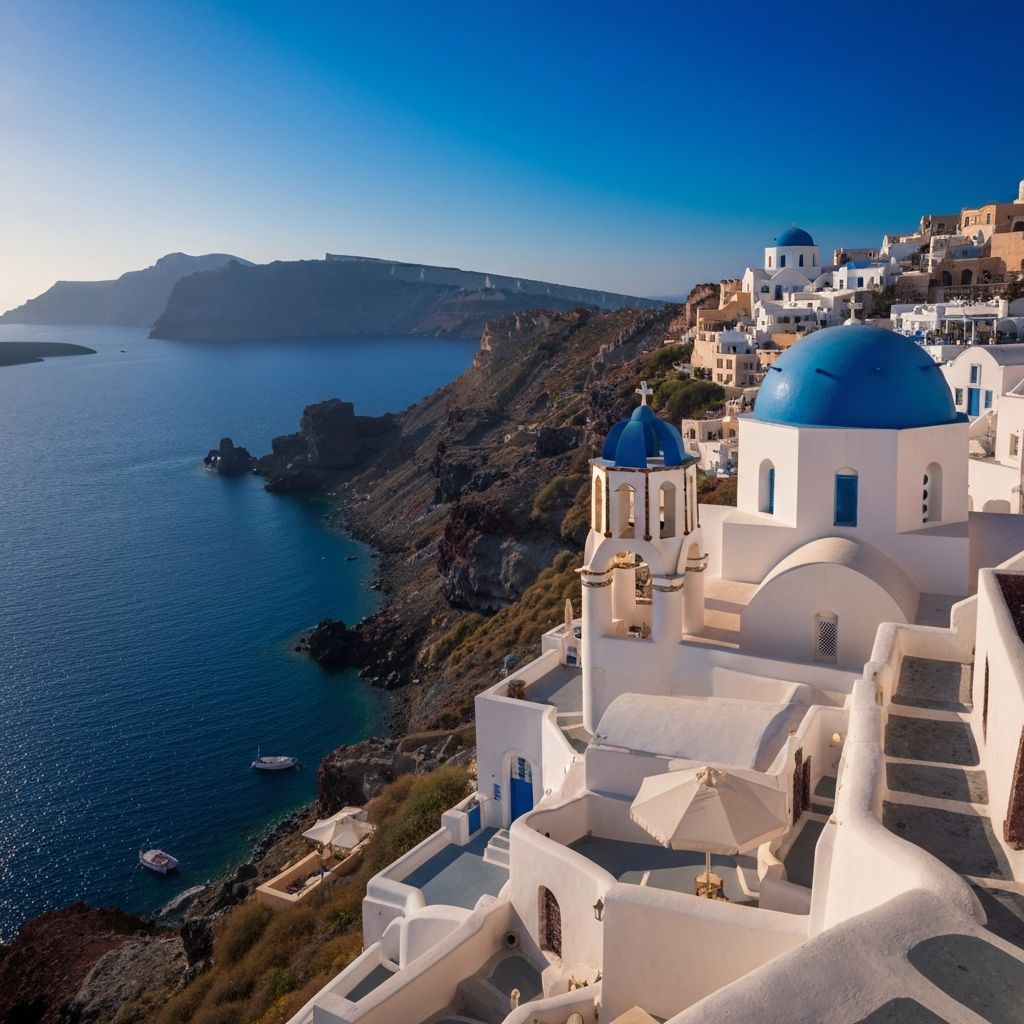 Santorini Griechenland Urlaub - Weisse Gebaeude mit blauen Kuppeln ueber dem Meer