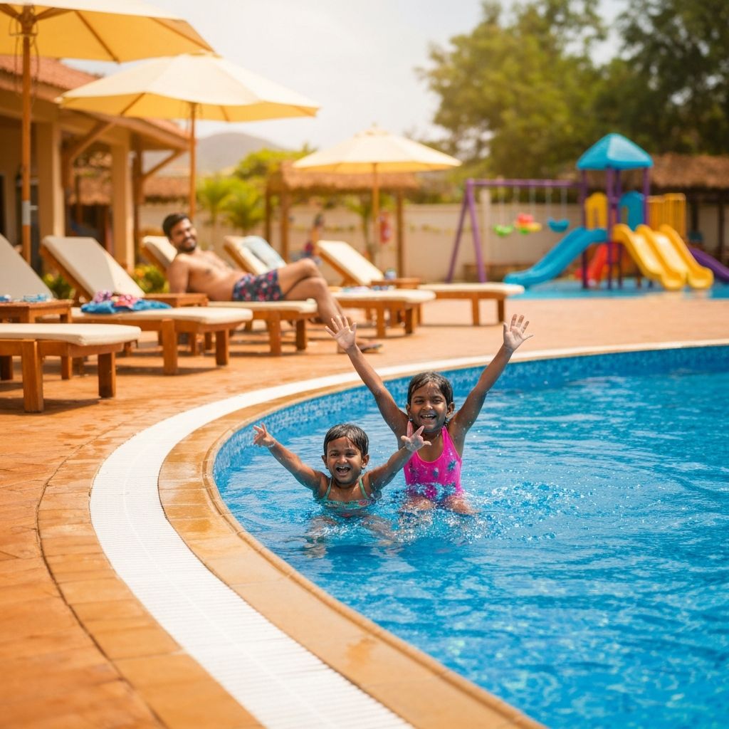 Familienurlaub günstig buchen - Glückliche Familie am Pool im Ferienresort
