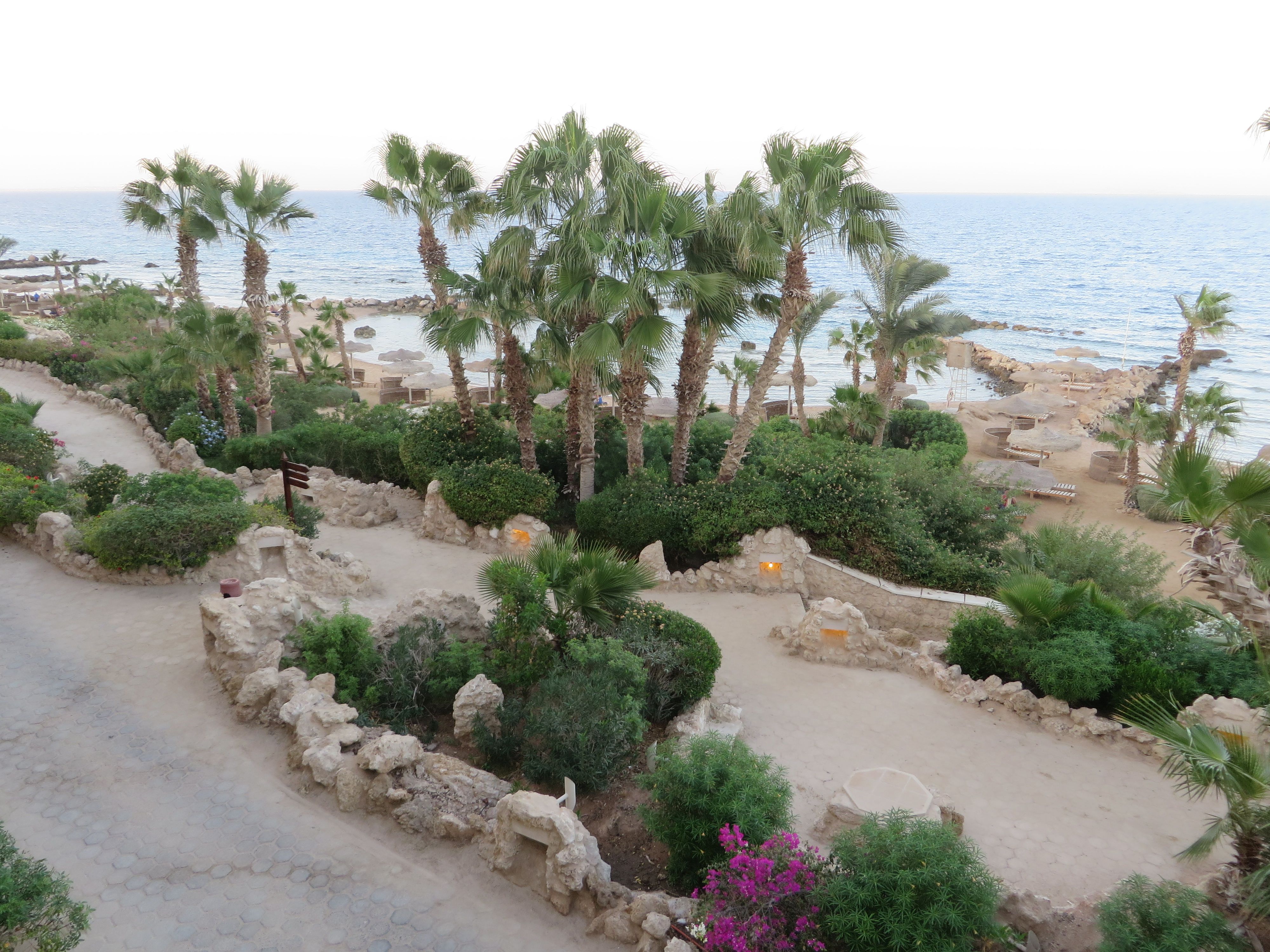 Gartenanlage Pickalbatros Citadel Resort - Palmen und Steinbögen mit Meerblick Ägypten