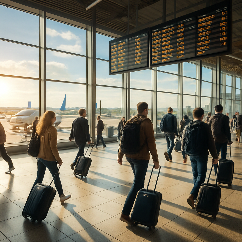Belebter Flughafen-Terminal mit Reisenden und Abflugtafeln für Last-Minute-Urlaub