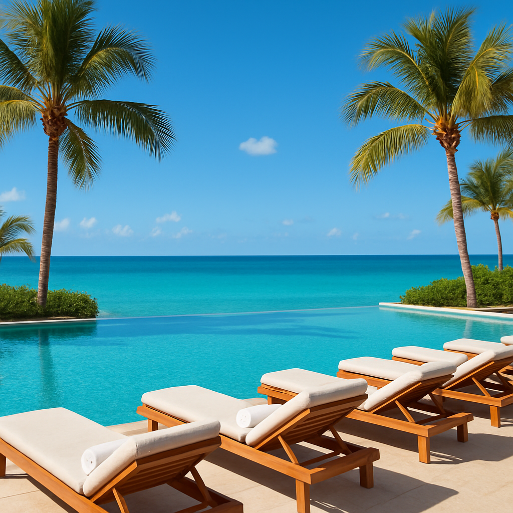 Luxuriöser All-Inclusive Hotelpool mit Meerblick und Palmen bei Last-Minute-Urlaub