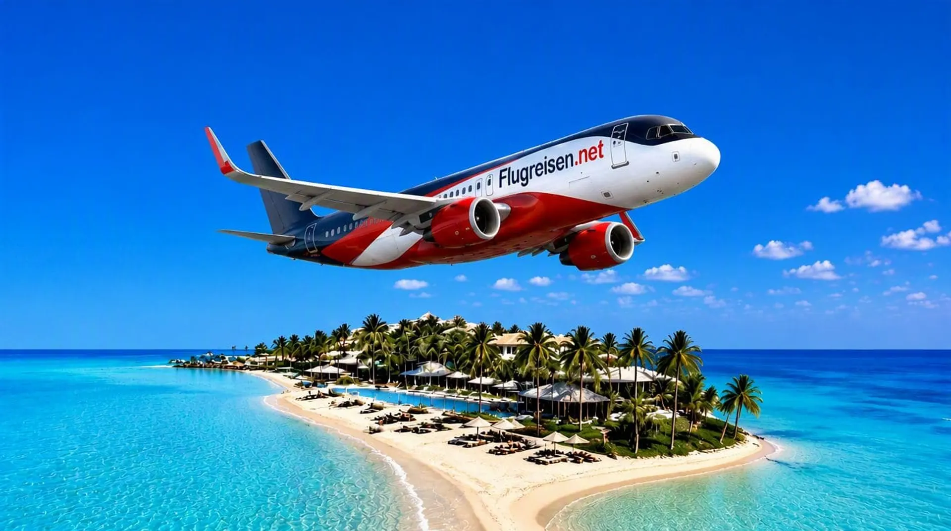 Persönliche Reiseplanung kostenlos – Flugreisen.net Flugzeug in Flugreisen.net-Lackierung fliegt über eine tropische Insel mit weißem Sandstrand, Palmen und türkisem Meer