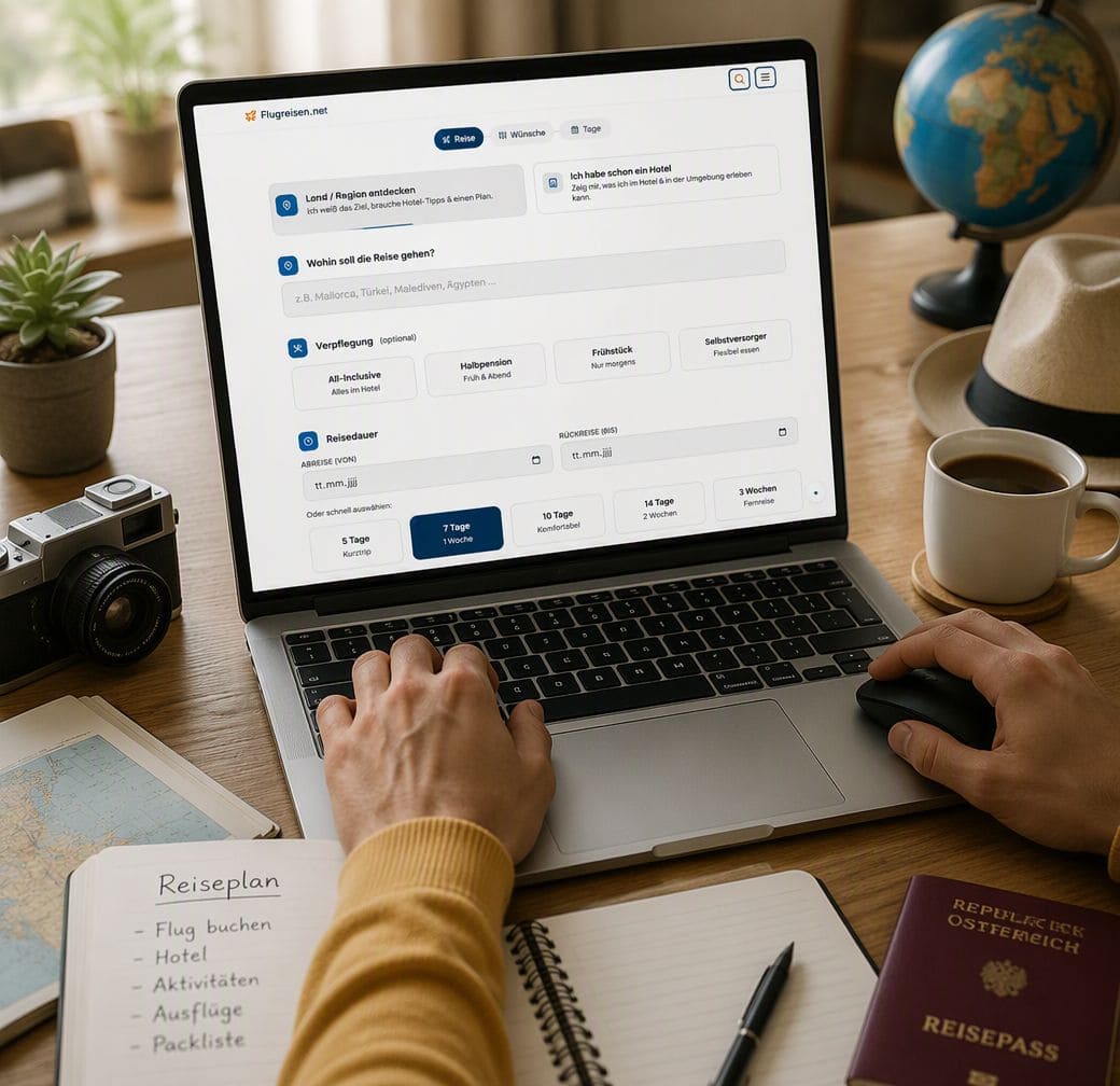 Persönliche Reiseplanung kostenlos online erstellen – Flugreisen.net Person nutzt den kostenlosen Reiseplaner von Flugreisen.net am Laptop – persönliche Reiseplanung mit Tagesabläufen, Aktivitäten und Reiseplan-Notizbuch auf dem Schreibtisch